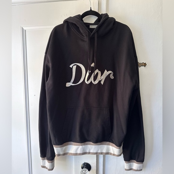 Dior Other - Dior Black Crewneck Hoodie with White Logo and Beige Trim
